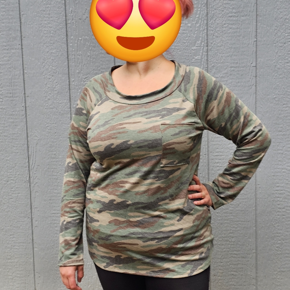 Long-sleeve, relaxed neck camo shirt, plus size